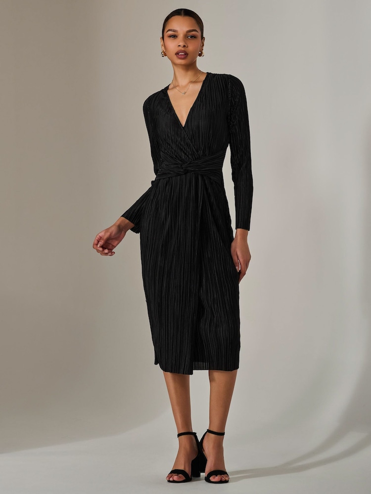 Jolie Moi Black Plisse Long Sleeve Midi Dress - Image 6 of 6