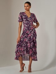 Jolie Moi Purple Mesh Print Frill Hem Midaxi Dress - Image 1 of 6