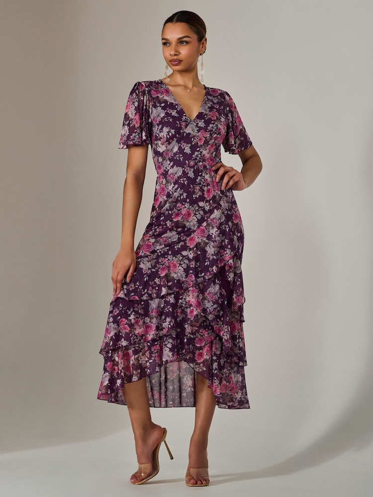 Jolie Moi Purple Mesh Print Frill Hem Midaxi Dress - Image 1 of 6