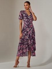 Jolie Moi Purple Mesh Print Frill Hem Midaxi Dress - Image 2 of 6