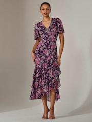 Jolie Moi Purple Mesh Print Frill Hem Midaxi Dress - Image 4 of 6