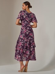 Jolie Moi Purple Mesh Print Frill Hem Midaxi Dress - Image 5 of 6