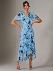 Jolie Moi Blue Mesh Print Frill Hem Midaxi Dress - Image 2 of 6