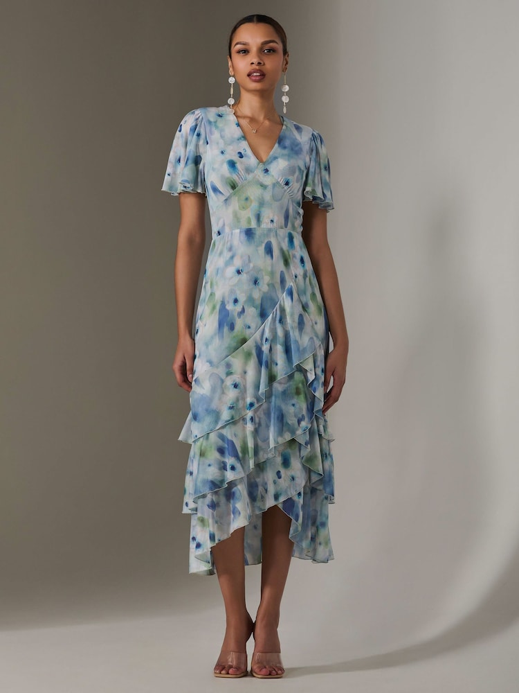 Jolie Moi Blue Mesh Print Frill Hem Midaxi Dress - Image 3 of 6