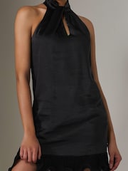 Jolie Moi Black Satin Halterneck Mini Dress - Image 3 of 6