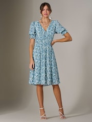Jolie Moi Blue Puff Sleeve Midi Dress - Image 1 of 6