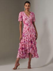 Jolie Moi Pink Mesh Print Frill Hem Midaxi Dress - Image 1 of 6