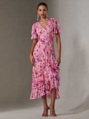 Jolie Moi Pink Mesh Print Frill Hem Midaxi Dress - Image 2 of 6