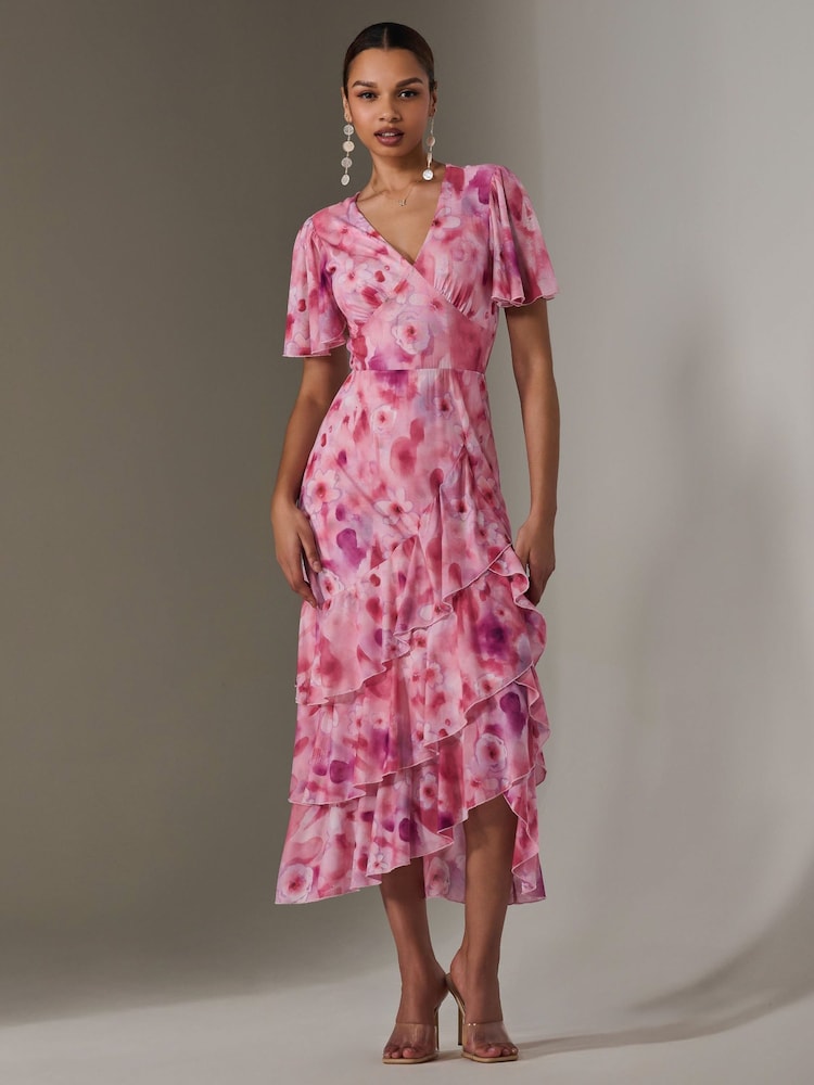 Jolie Moi Pink Mesh Print Frill Hem Midaxi Dress - Image 2 of 6