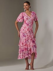 Jolie Moi Pink Mesh Print Frill Hem Midaxi Dress - Image 4 of 6