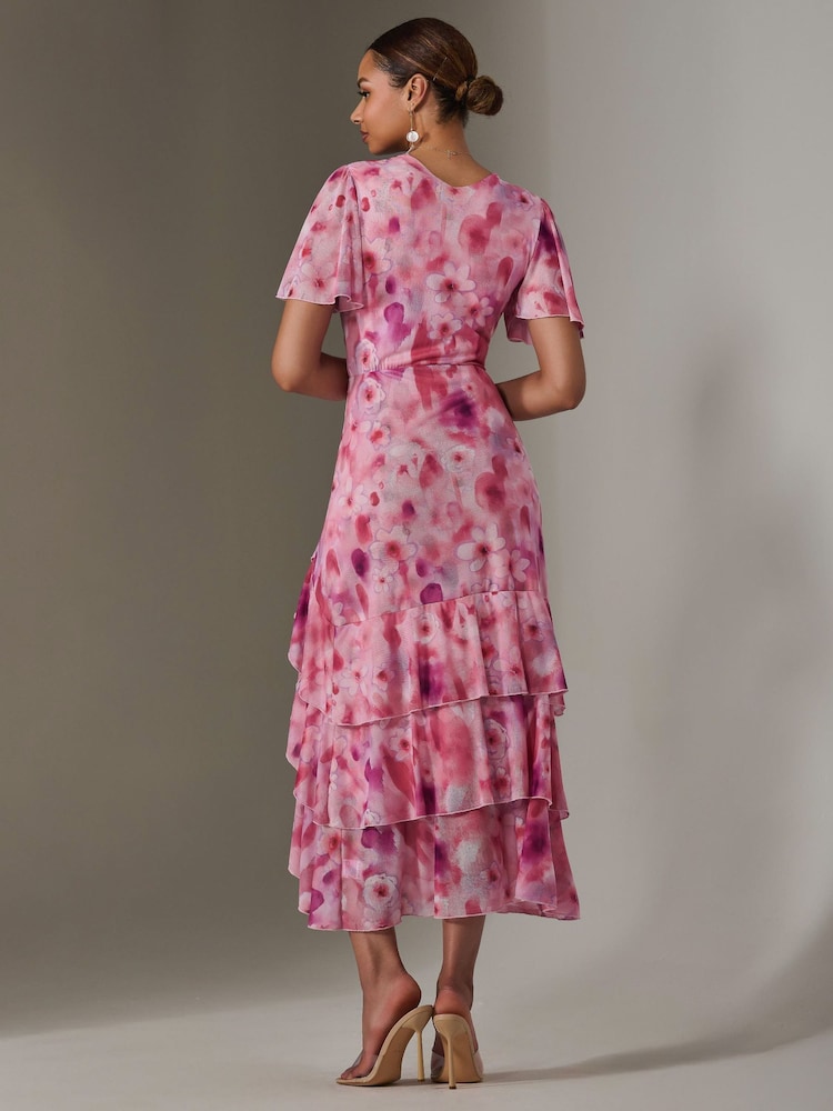 Jolie Moi Pink Mesh Print Frill Hem Midaxi Dress - Image 6 of 6