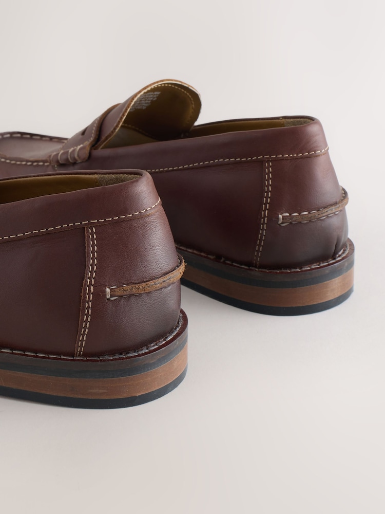 Tan Brown Contrast Stitch Penny Loafers - Image 6 of 6