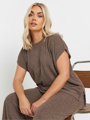 Yours Curve Brown Knitted Co-Ord T-Shirt - Image 1 of 5