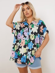 Yours Curve Black Floral Print Crinkle Short Sleeve Shirt - Image 1 of 2