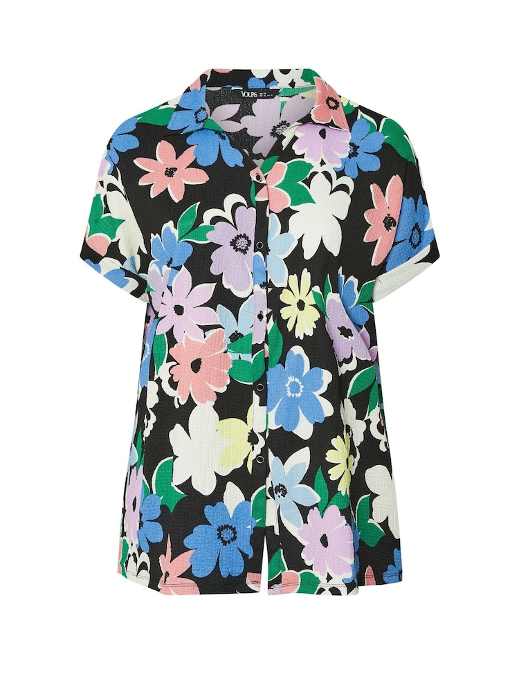 Yours Curve Black Floral Print Crinkle Short Sleeve Shirt - Image 2 of 2