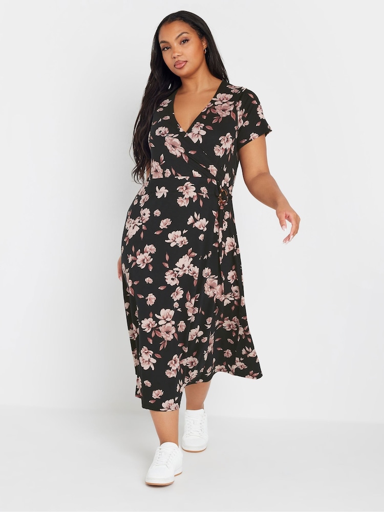 Yours Curve Black Floral Print Midi Dress - Image 1 of 5