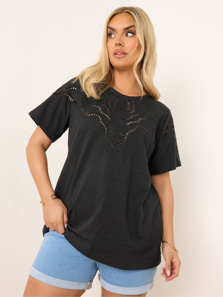 Yours Curve Black Ladder Insert 100% Cotton T-Shirt - Image 1 of 5 Yours Curve Black Ladder Insert 100% Cotton T-Shirt - Image 1 of 5
