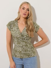 Long Tall Sally Green Floral Print Grown On Sleeve Wrap T-Shirt - Image 1 of 5