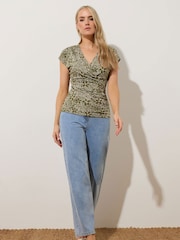 Long Tall Sally Green Floral Print Grown On Sleeve Wrap T-Shirt - Image 2 of 5