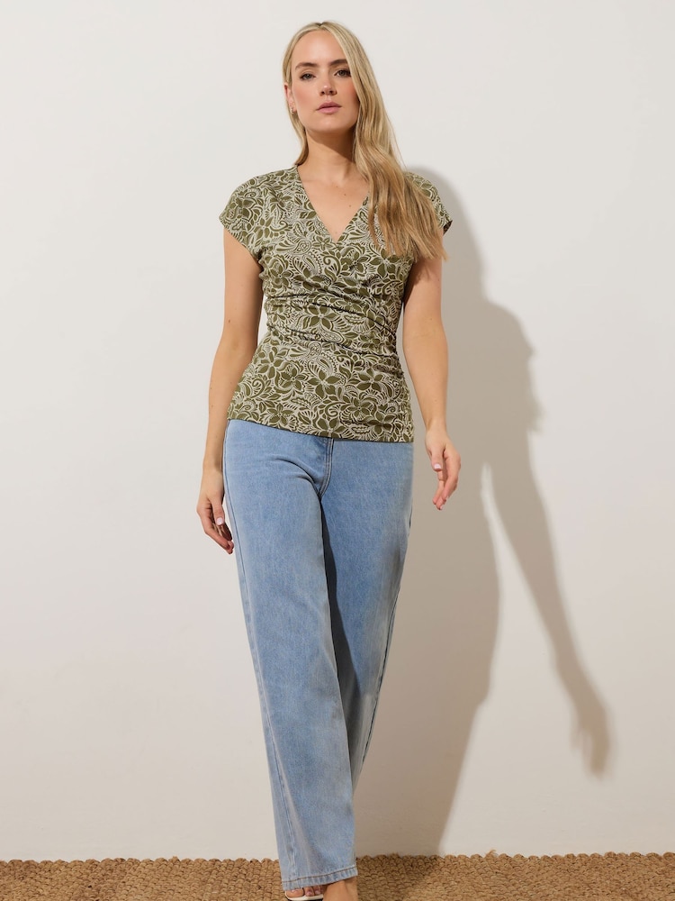 Long Tall Sally Green Floral Print Grown On Sleeve Wrap T-Shirt - Image 2 of 5