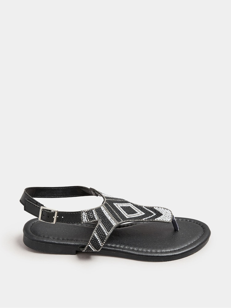 Yours Curve Black Extra Wide Fit Beaded T-Bar Sandals - Image 2 of 5