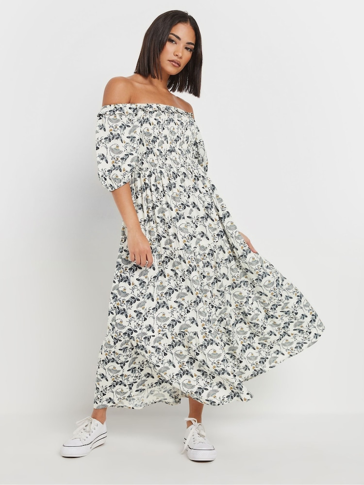 PixieGirl Petite Natural Paisley Floral Print Puff Sleeve Midi Dress - Image 1 of 5