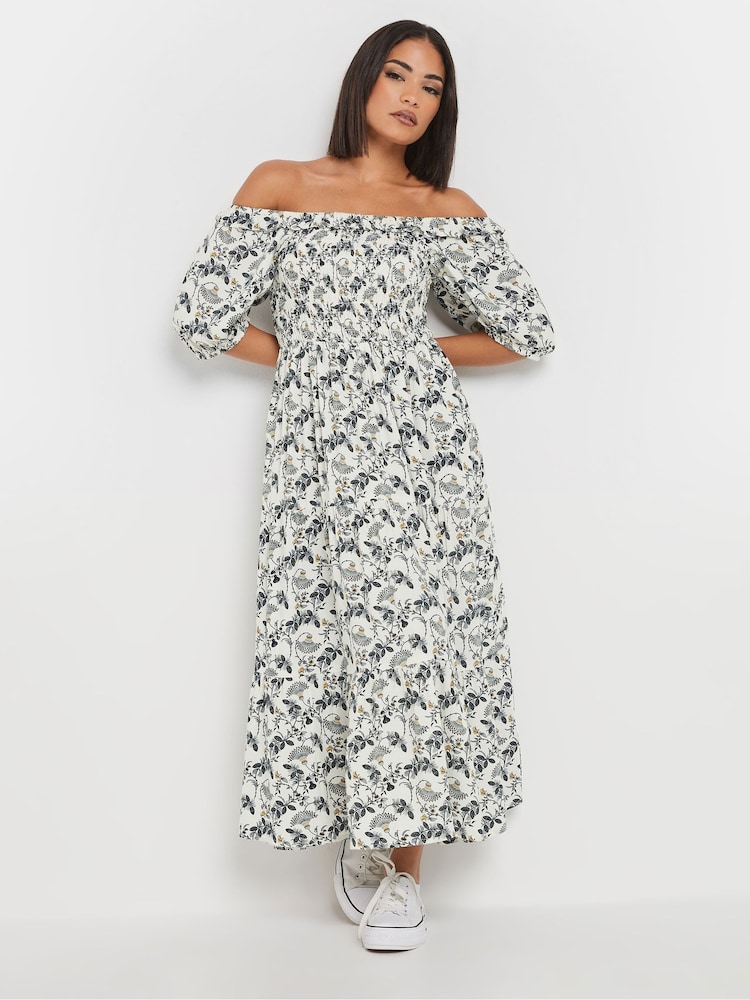 PixieGirl Petite Natural Paisley Floral Print Puff Sleeve Midi Dress - Image 2 of 5