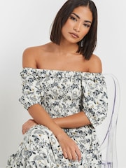 PixieGirl Petite Natural Paisley Floral Print Puff Sleeve Midi Dress - Image 4 of 5