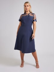 Yours Curve Blue London Embriodered Flare Dress - Image 1 of 5