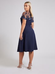 Yours Curve Blue London Embriodered Flare Dress - Image 3 of 5