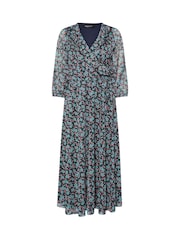 M&Co Blue Petite Ditsy Mesh Wrap Ruffle Dress - Image 1 of 1