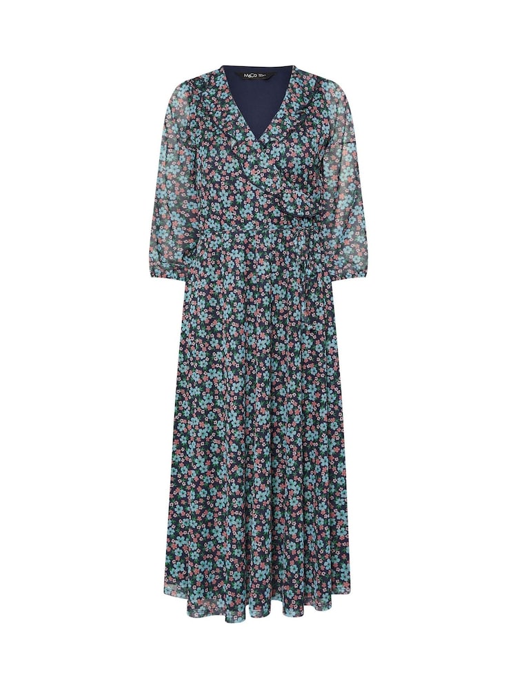 M&Co Blue Petite Ditsy Mesh Wrap Ruffle Dress - Image 1 of 1