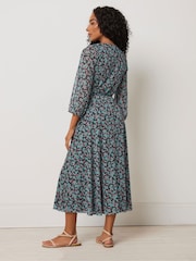 M&Co Blue Petite Ditsy Mesh Wrap Ruffle Dress - Image 2 of 5