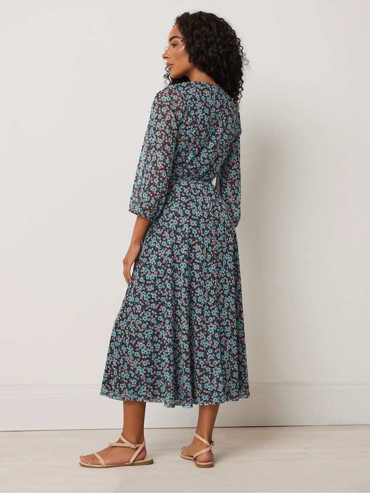 M&Co Blue Petite Ditsy Mesh Wrap Ruffle Dress - Image 2 of 5