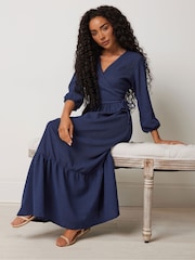M&Co Blue Petite 3/4 Sleeve Wrap Tiered Dress - Image 1 of 1