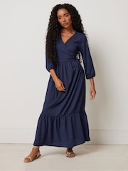 M&Co Blue Petite 3/4 Sleeve Wrap Tiered Dress - Image 2 of 5