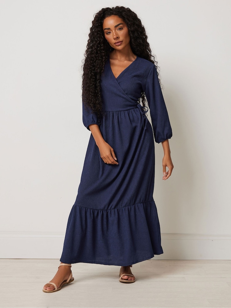 M&Co Blue Petite 3/4 Sleeve Wrap Tiered Dress - Image 2 of 5