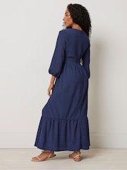 M&Co Blue Petite 3/4 Sleeve Wrap Tiered Dress - Image 3 of 5
