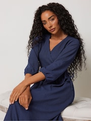 M&Co Blue Petite 3/4 Sleeve Wrap Tiered Dress - Image 4 of 5