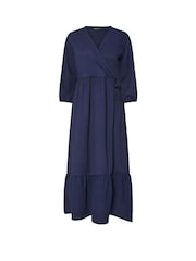 M&Co Blue Petite 3/4 Sleeve Wrap Tiered Dress - Image 5 of 5