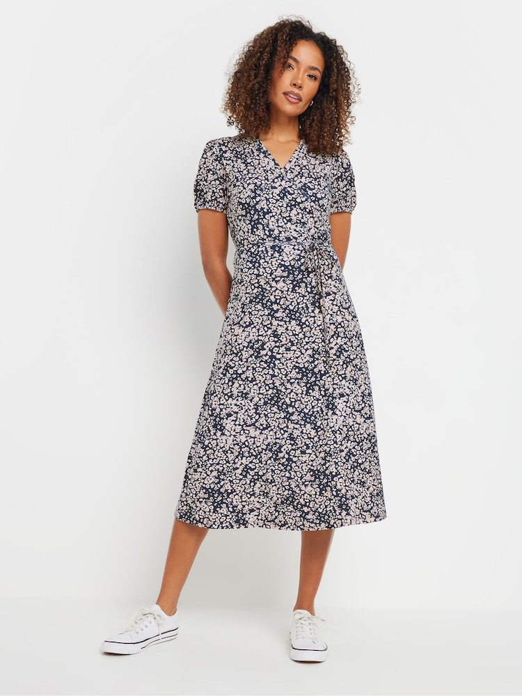 M&Co Blue Jersey Floral Print Wrap Dress - Image 1 of 5 M&Co Blue Jersey Floral Print Wrap Dress - Image 1 of 5