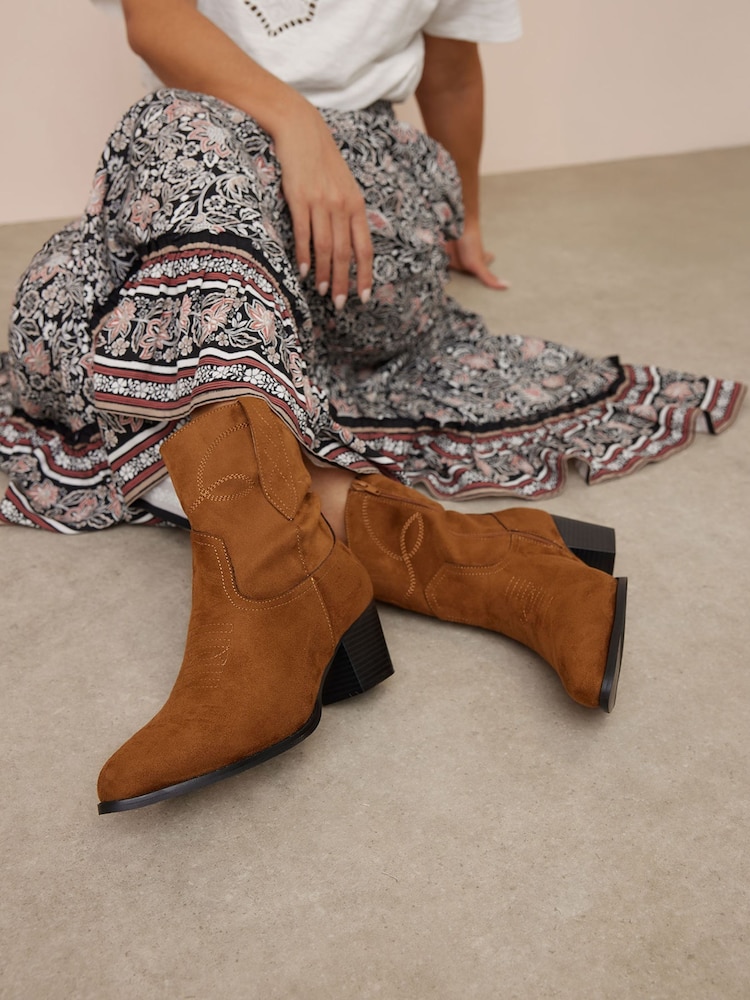 Yours Curve Brown Extra Wide Fit Extra-Wide Fit Stitch Western Shoes - Image 1 of 1