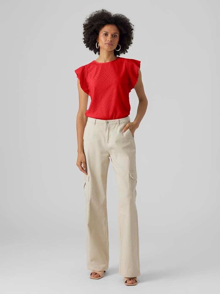 VERO MODA Red Broderie Short Sleeve T-Shirt - Image 1 of 6
