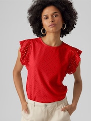 VERO MODA Red Broderie Short Sleeve T-Shirt - Image 5 of 6