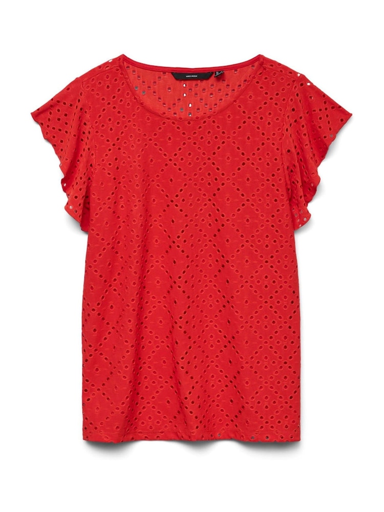 VERO MODA Red Broderie Short Sleeve T-Shirt - Image 6 of 6