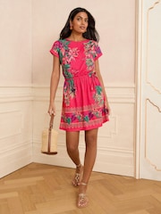 Love & Roses Pink Tropical Print Crew Neck Jersey T-Shirt Mini Dress - Image 1 of 4
