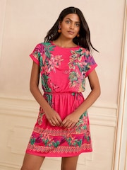 Love & Roses Pink Tropical Print Crew Neck Jersey T-Shirt Mini Dress - Image 3 of 4