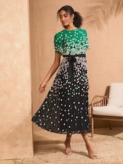 Love & Roses Green Mono Spot Pleated Petal Sleeve Midi Dress - Image 1 of 5