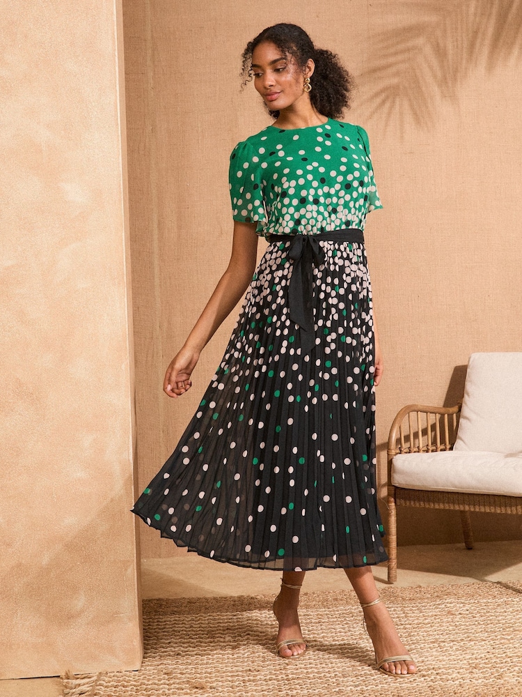 Love & Roses Green Mono Spot Pleated Petal Sleeve Midi Dress - Image 1 of 5
