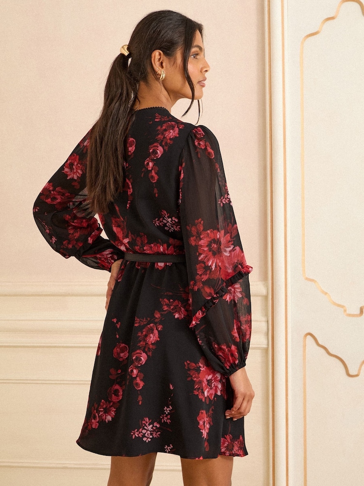 red floral mini wrap dress Red Floral Print Dress - Puff Sleeve Dress - Mini Wrap Dress
